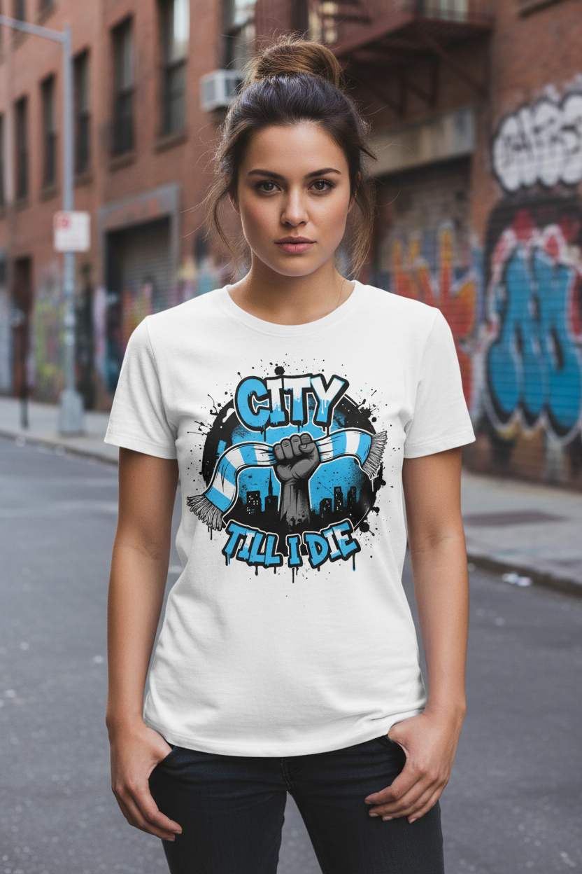 City Till I Die graffiti design – white t-shirt female model street style