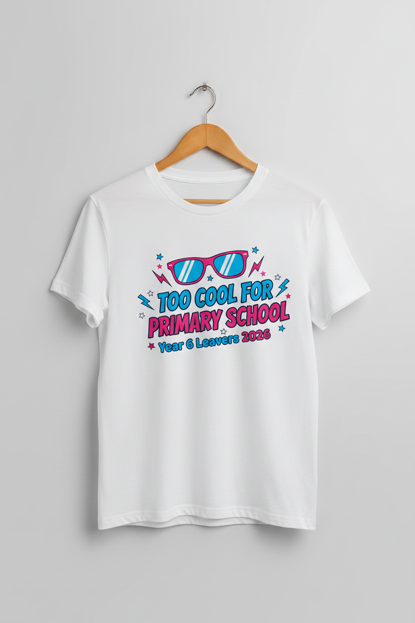 Too Cool for Primary School Year 6 Leavers 2026 – White T-Shirt Hanger