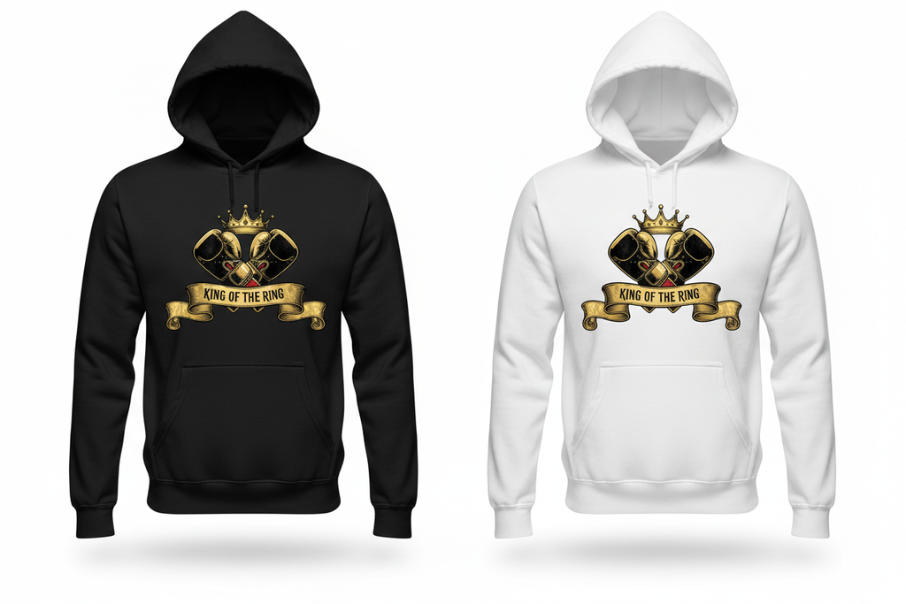 King of the Ring boxing hoodie shown in both black and white colourways