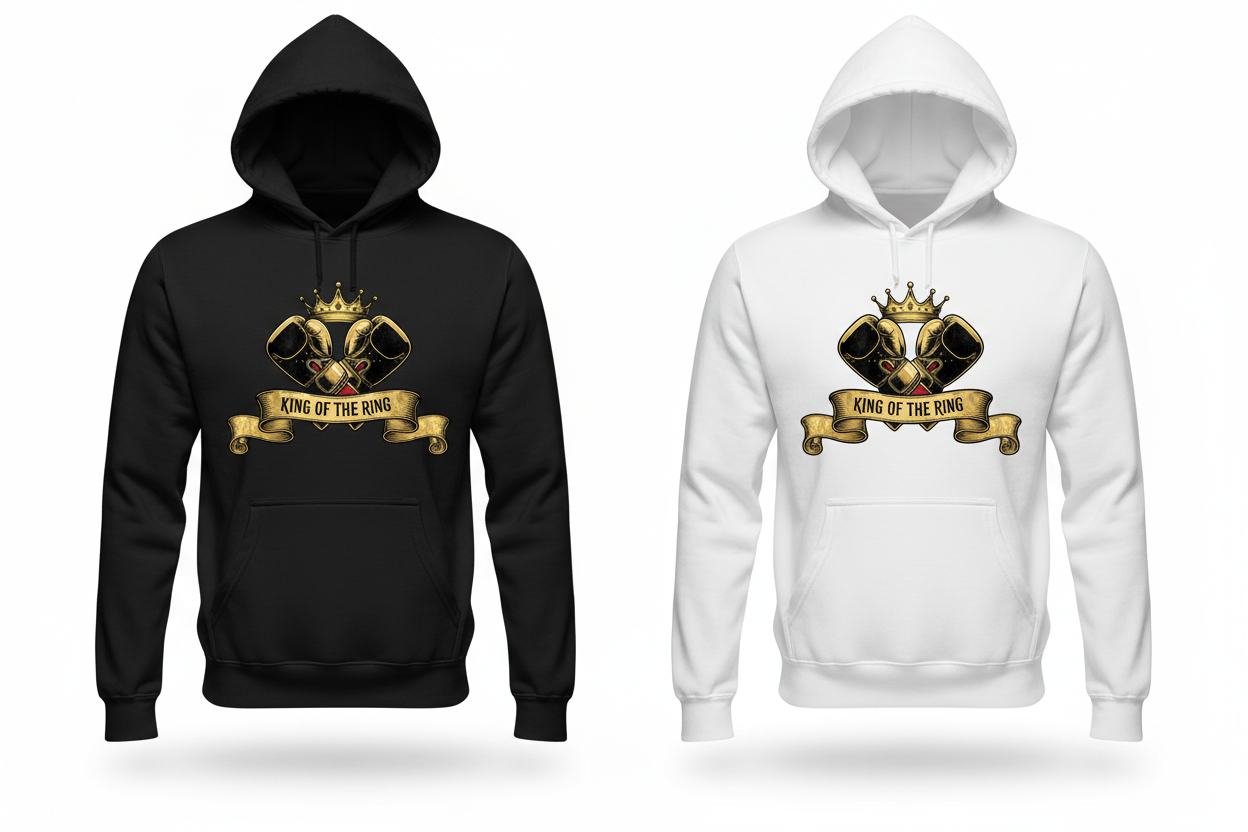 King of the Ring boxing hoodie shown in both black and white colourways