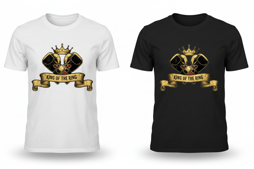 King of the Ring boxing t-shirt shown in both black and white colourways