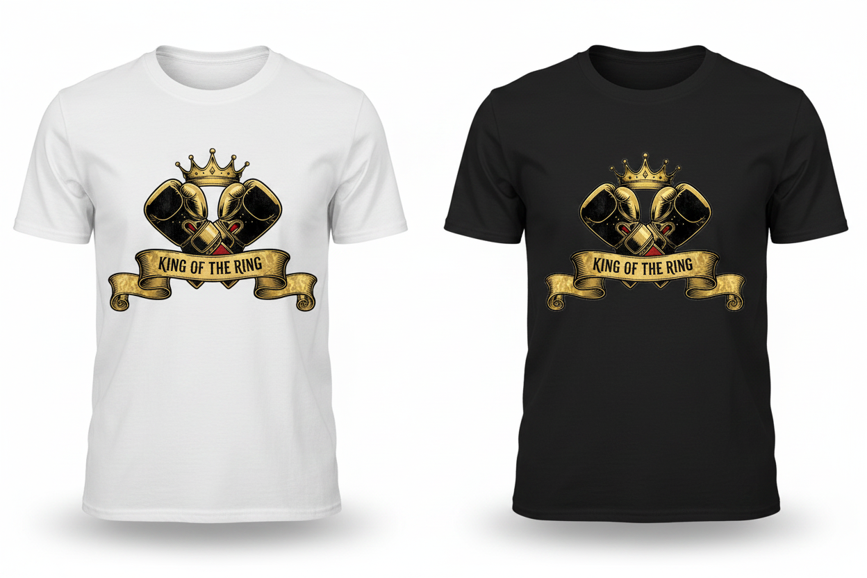 King of the Ring boxing t-shirt shown in both black and white colourways