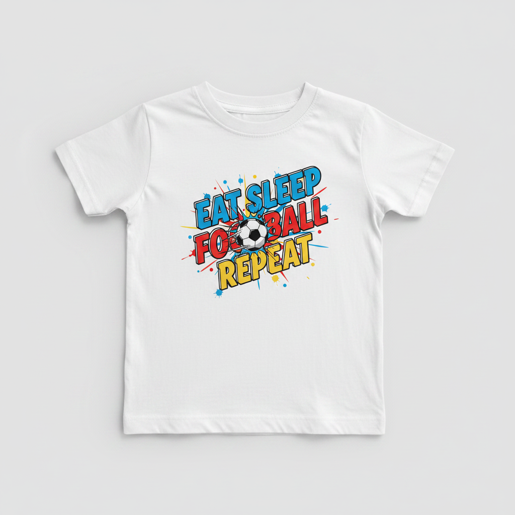 Eat Sleep Football Repeat kids white t-shirt flat lay