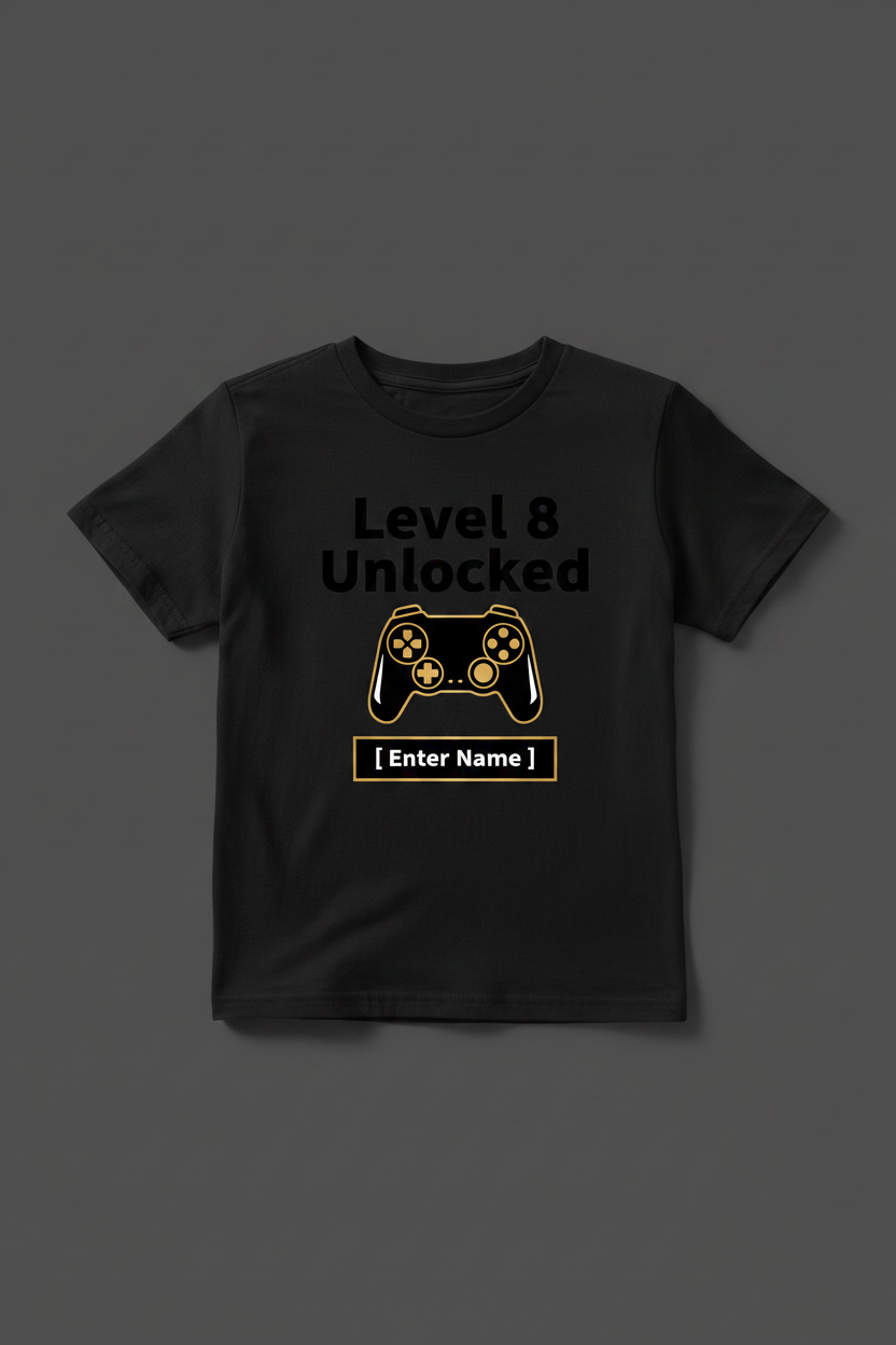 Level 8 Unlocked minimalist birthday t-shirt black flat lay