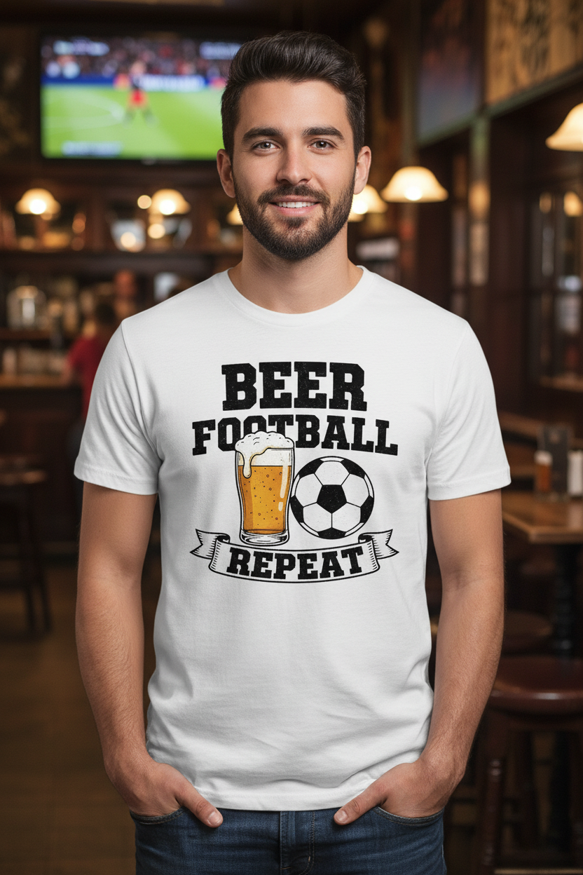 Beer Football Repeat T-Shirt - White Model Shot
