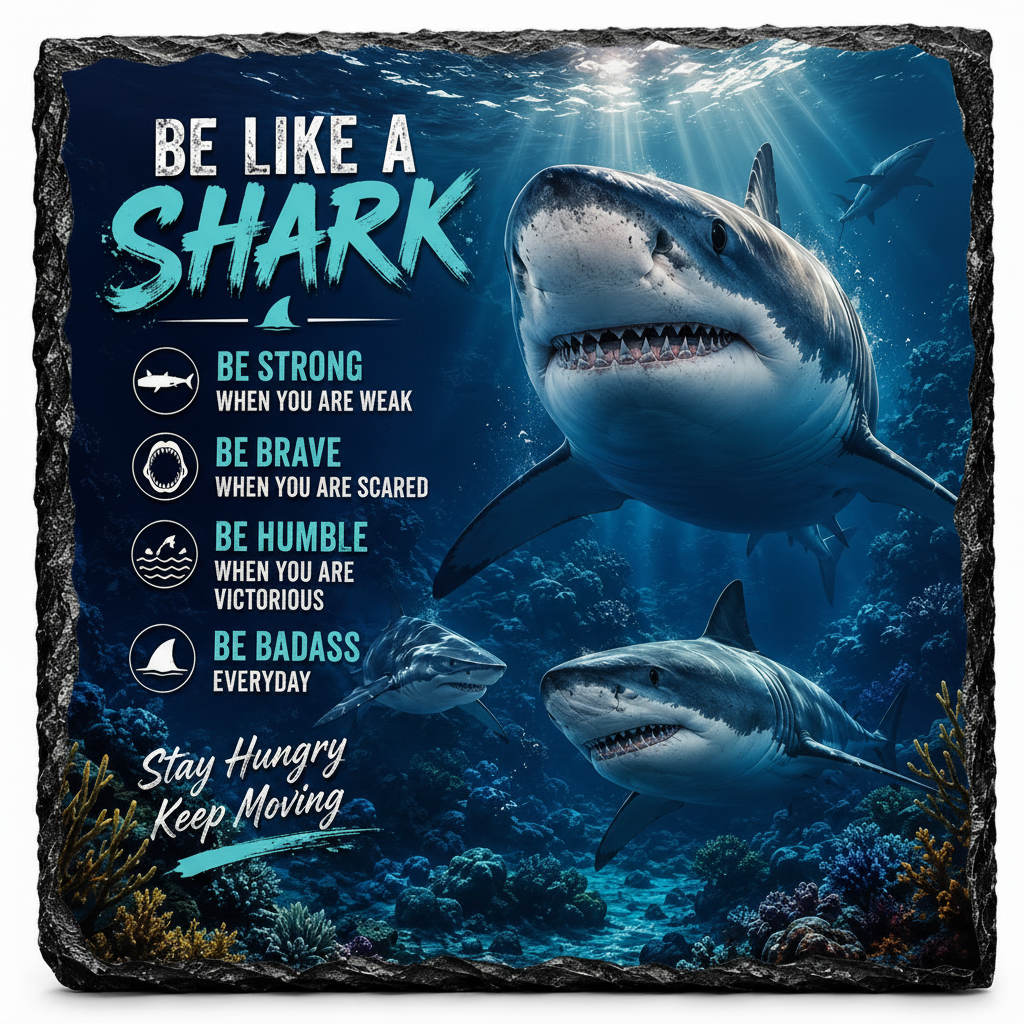 Be Like A Shark square slate plaque with black stands
