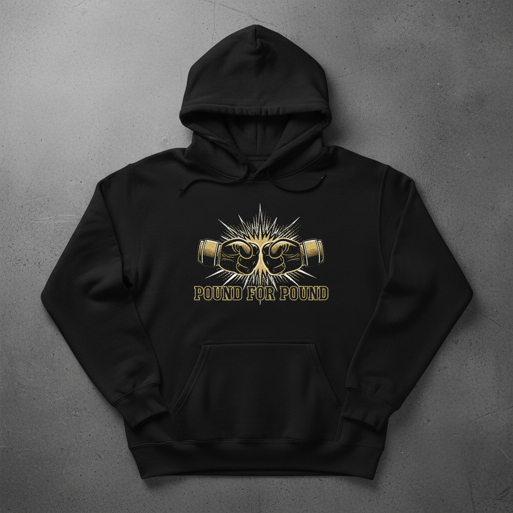 Pound for Pound boxing hoodie in black, flat lay product photo