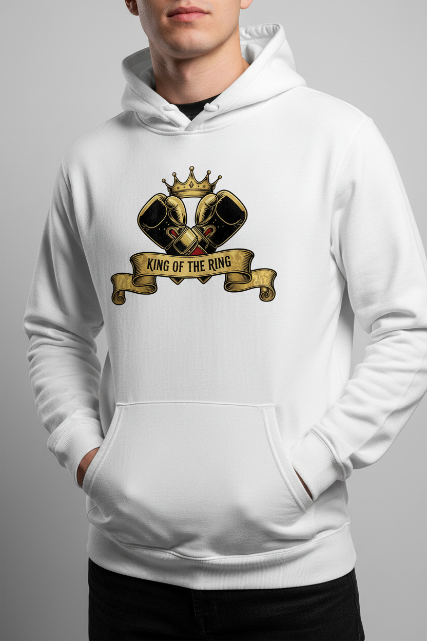 King of the Ring boxing hoodie in white worn by model