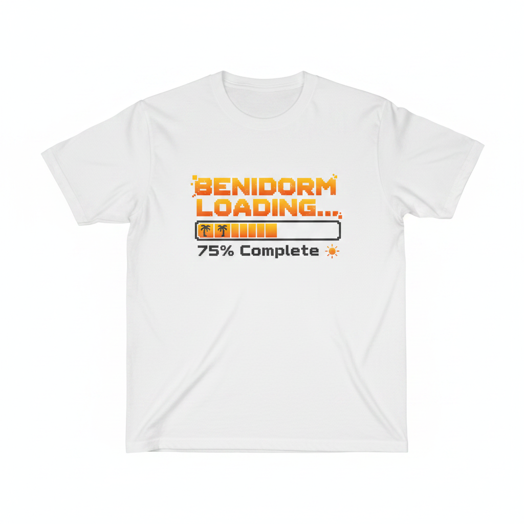 Benidorm Loading white t-shirt flat lay