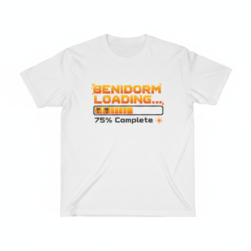 Benidorm Loading white t-shirt flat lay