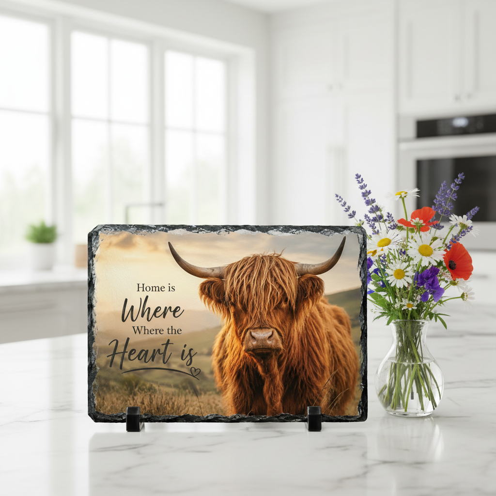Highland Cow Slate on white marble kitchen counter
