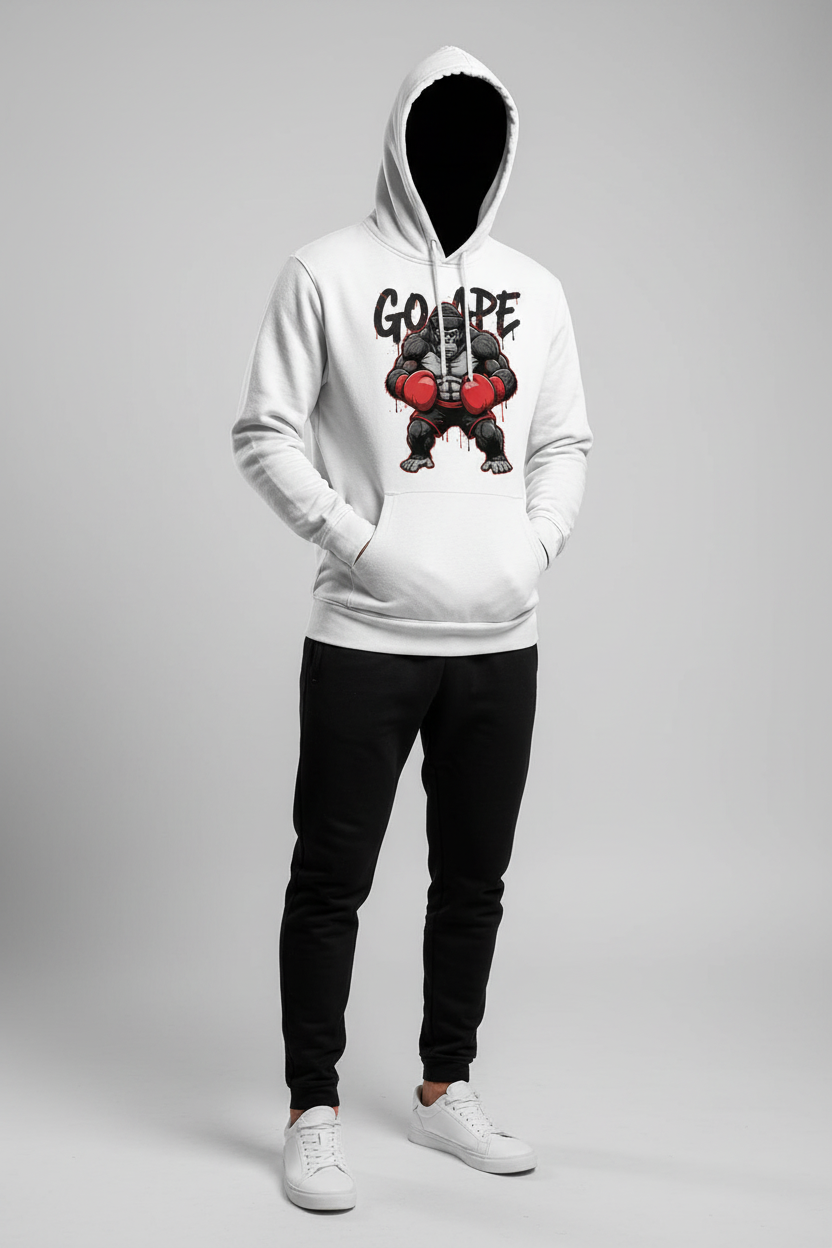 Go Ape boxing hoodie in white worn by model