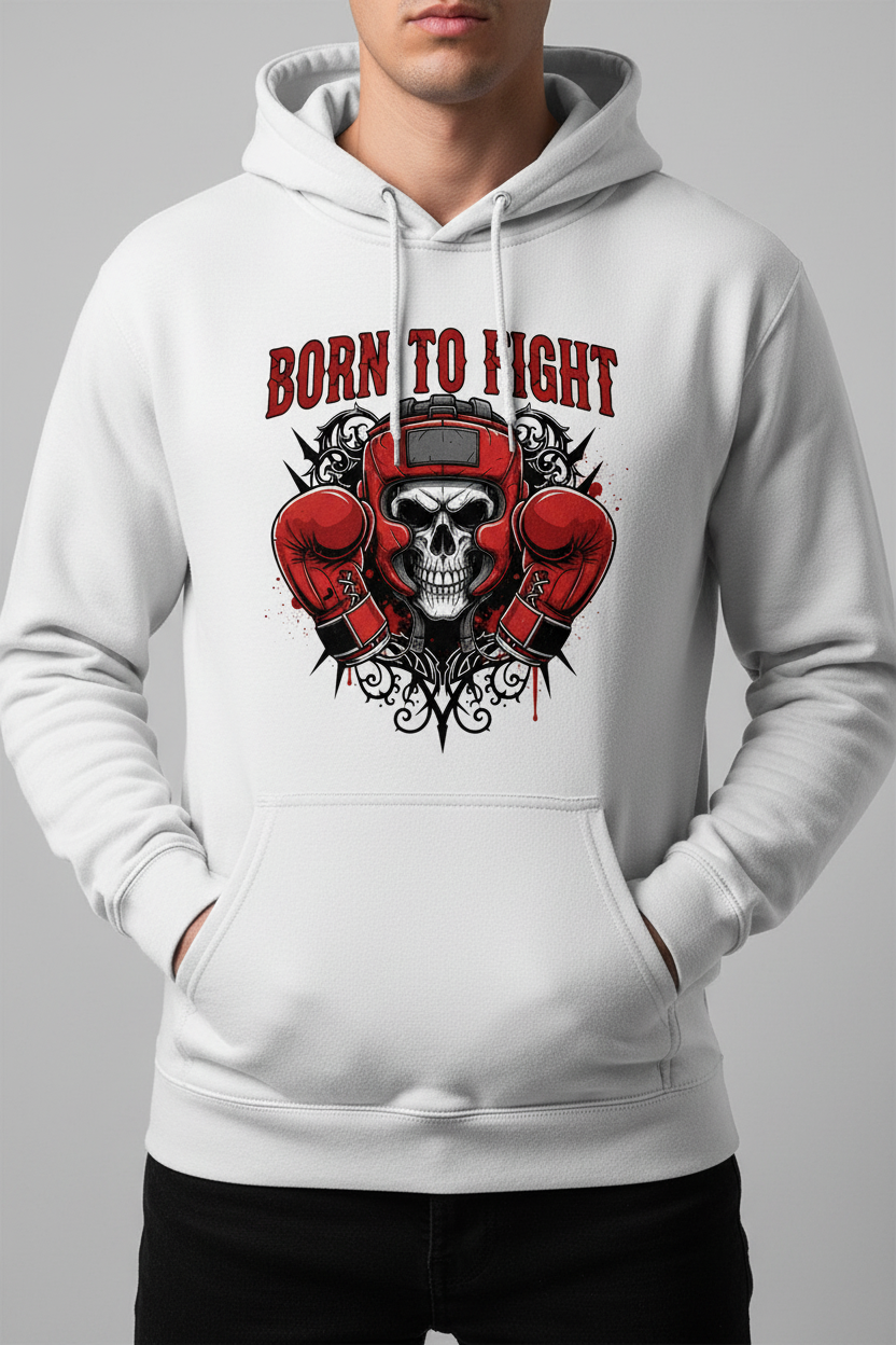 Born to Fight boxing hoodie in white worn by model