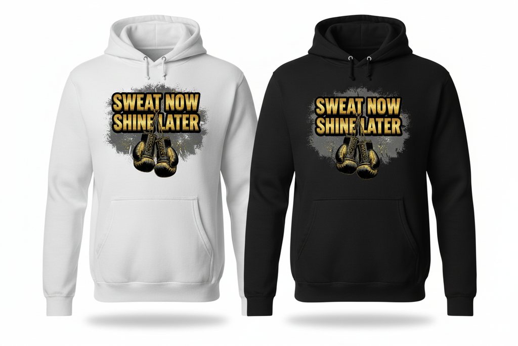 Sweat Now Shine Later boxing hoodie shown in both black and white colourways