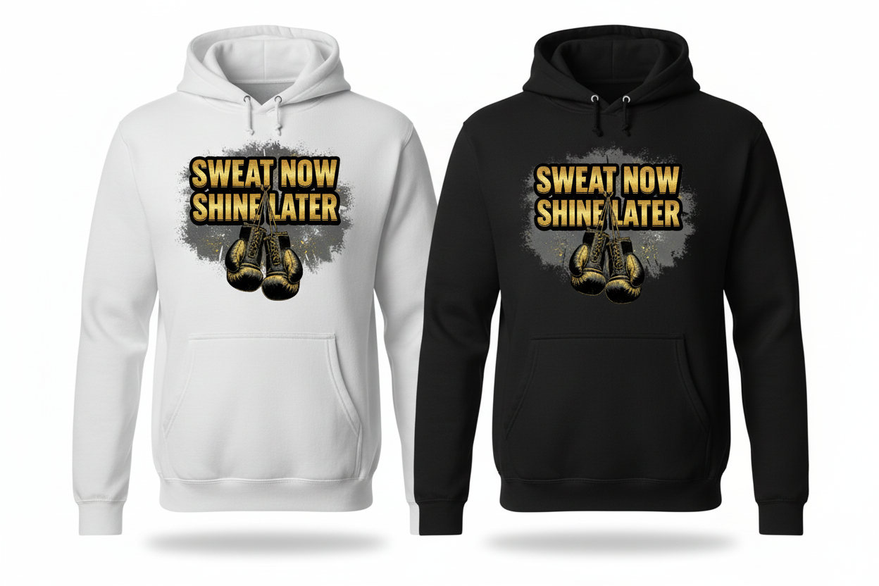 Sweat Now Shine Later boxing hoodie shown in both black and white colourways