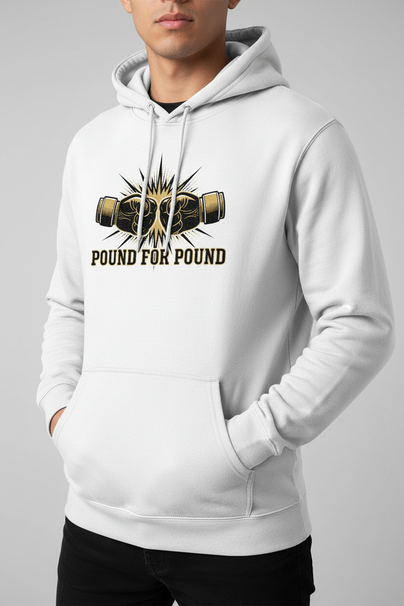 Pound for Pound boxing hoodie in white worn by model