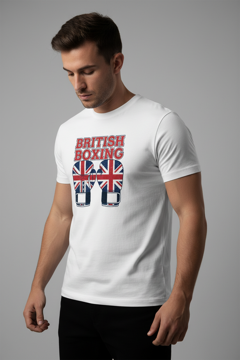 British Boxing t-shirt in white worn by model
