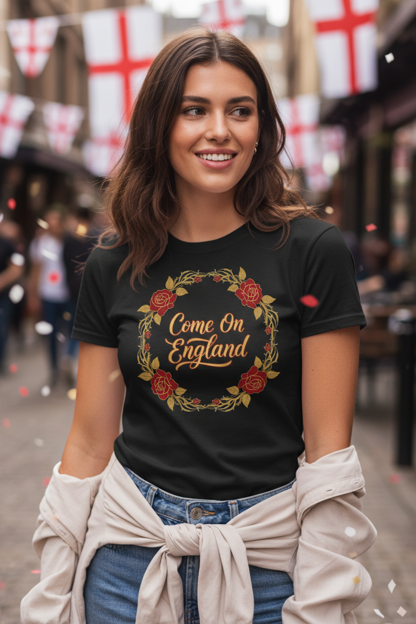 Women's Come On England rose wreath black t-shirt lifestyle shot