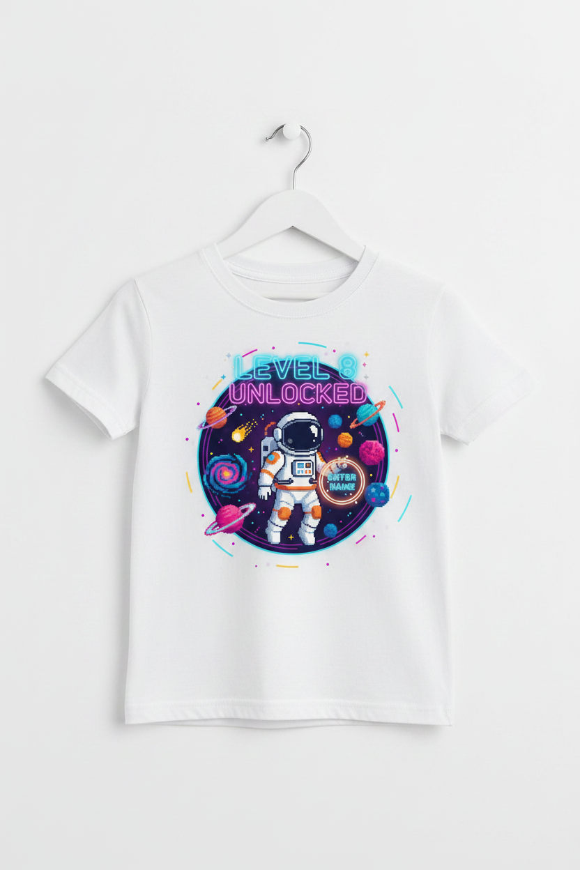 Level 8 Unlocked space galaxy birthday t-shirt - white hanger