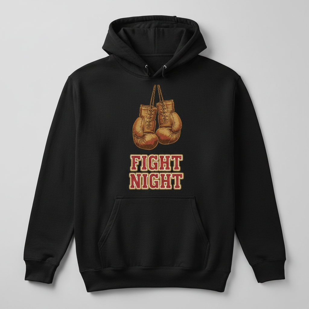 Fight Night boxing hoodie in black, flat lay product photo