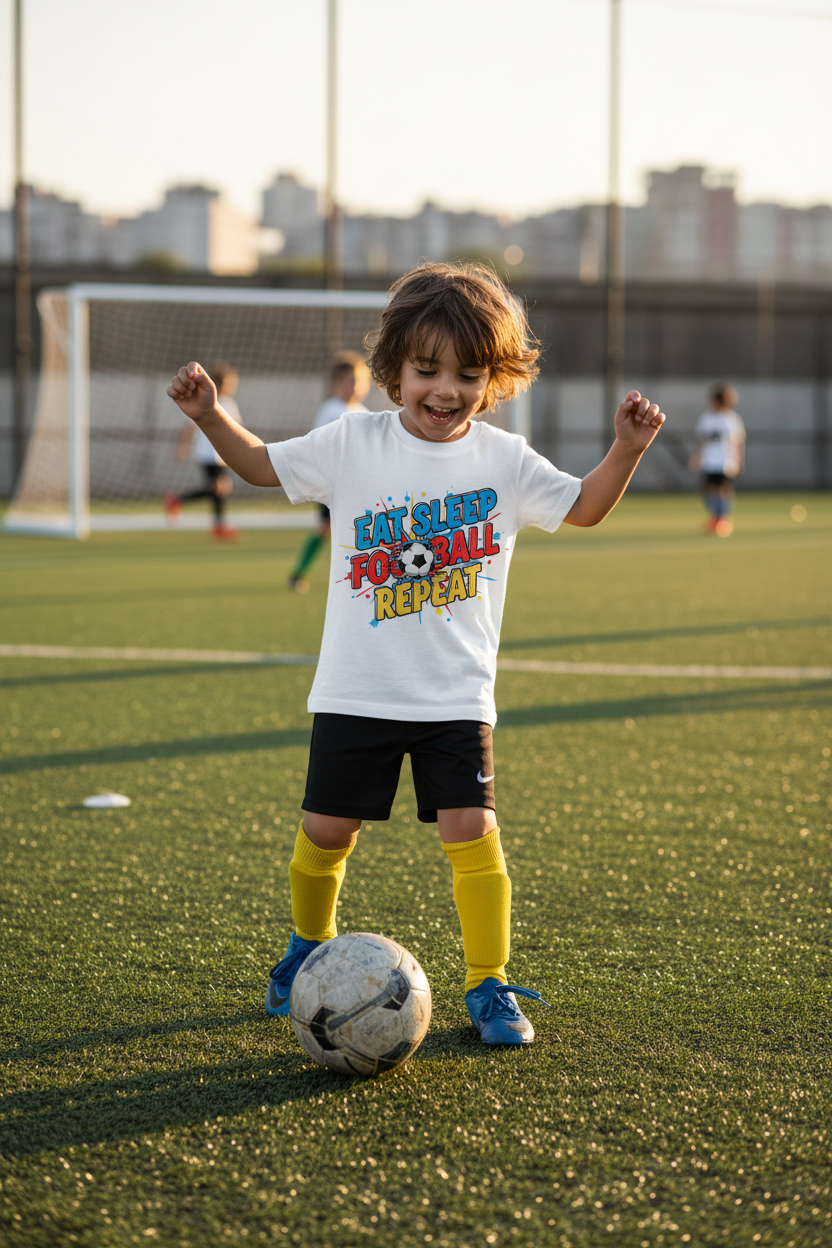Child wearing Eat Sleep Football Repeat kids t-shirt on football pitch
