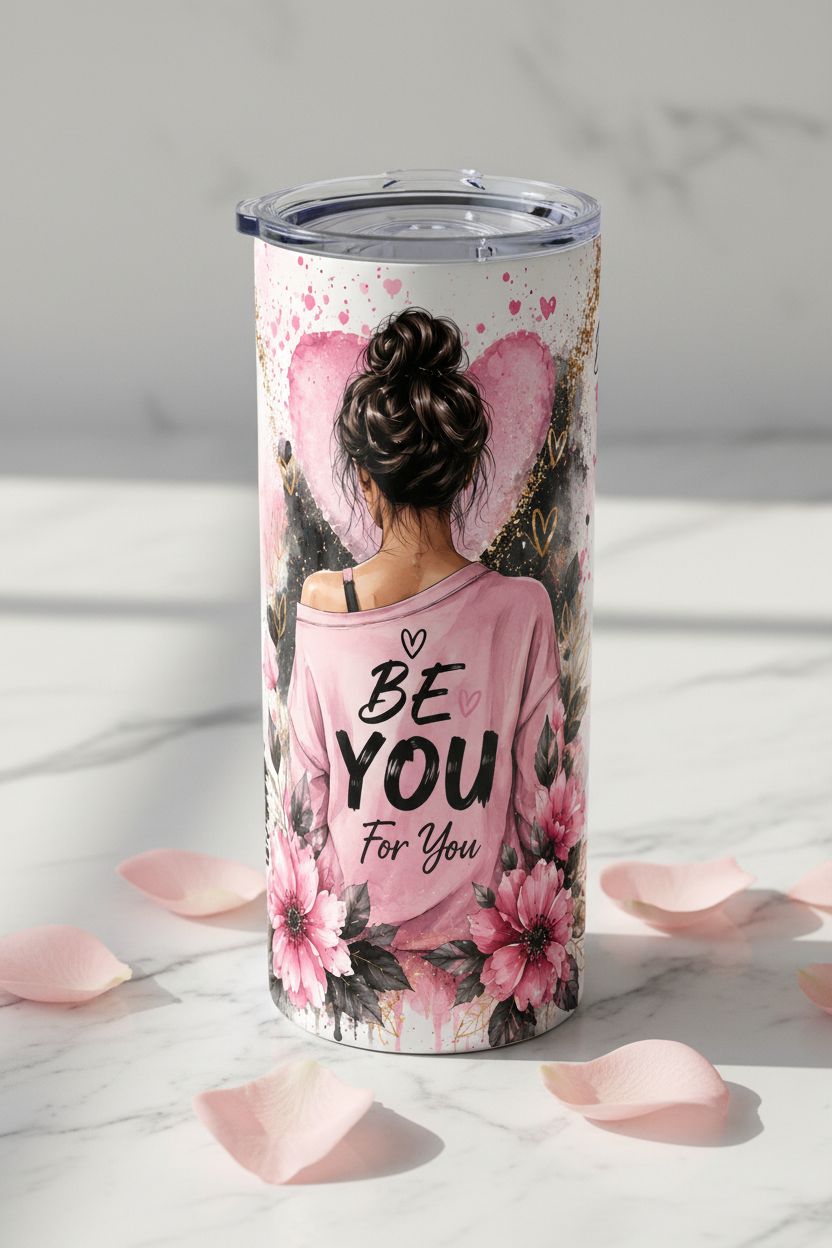 Be You For You motivational 20oz skinny tumbler on marble surface with pink rose petals