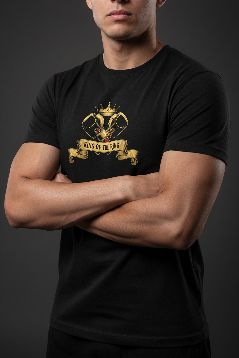 King of the Ring boxing t-shirt in black worn by model