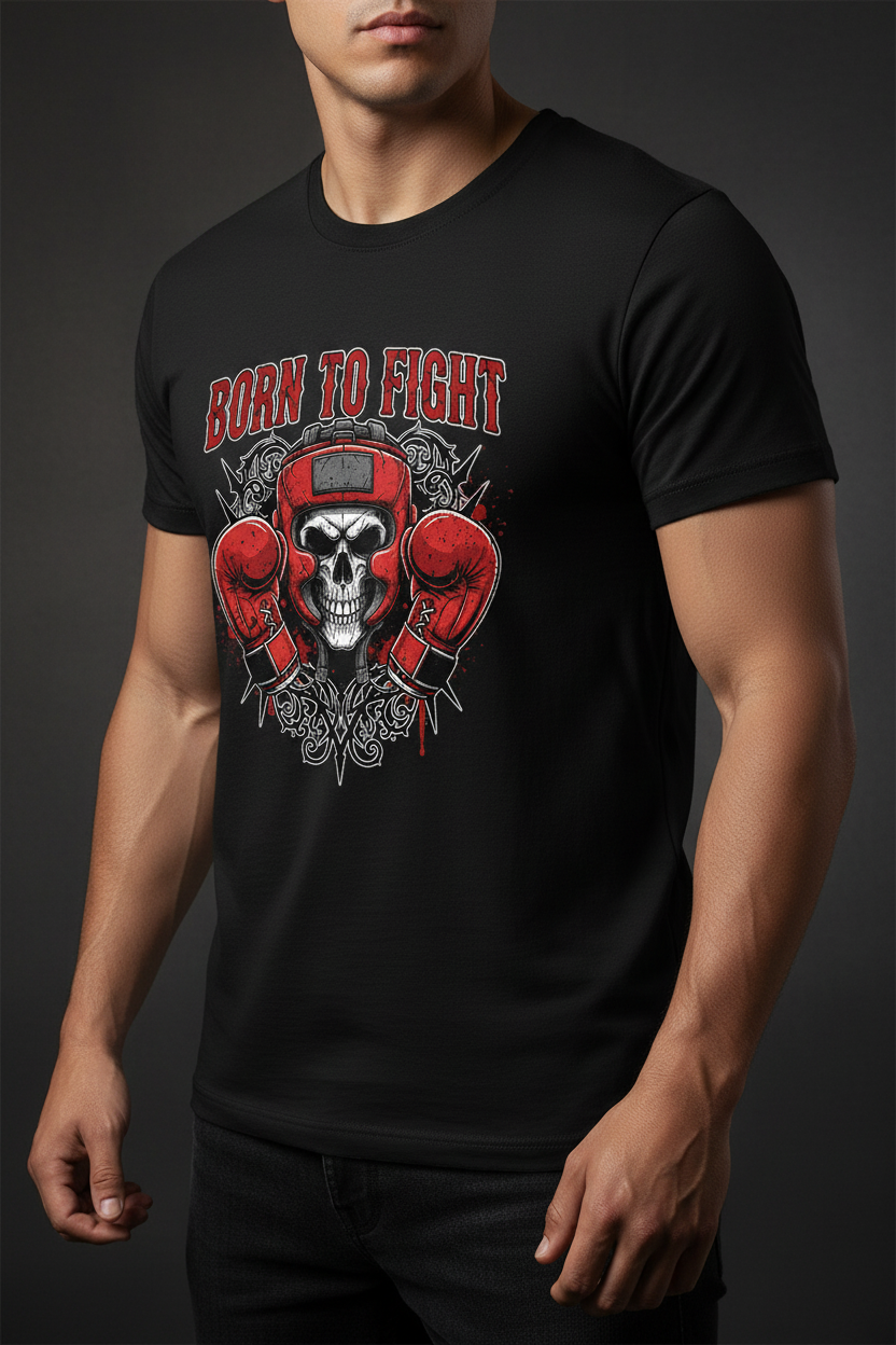 Born to Fight boxing t-shirt in black worn by model