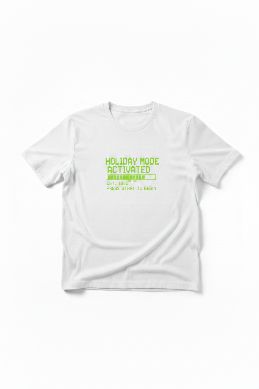 Holiday Mode Activated retro pixel white t-shirt flat lay mockup