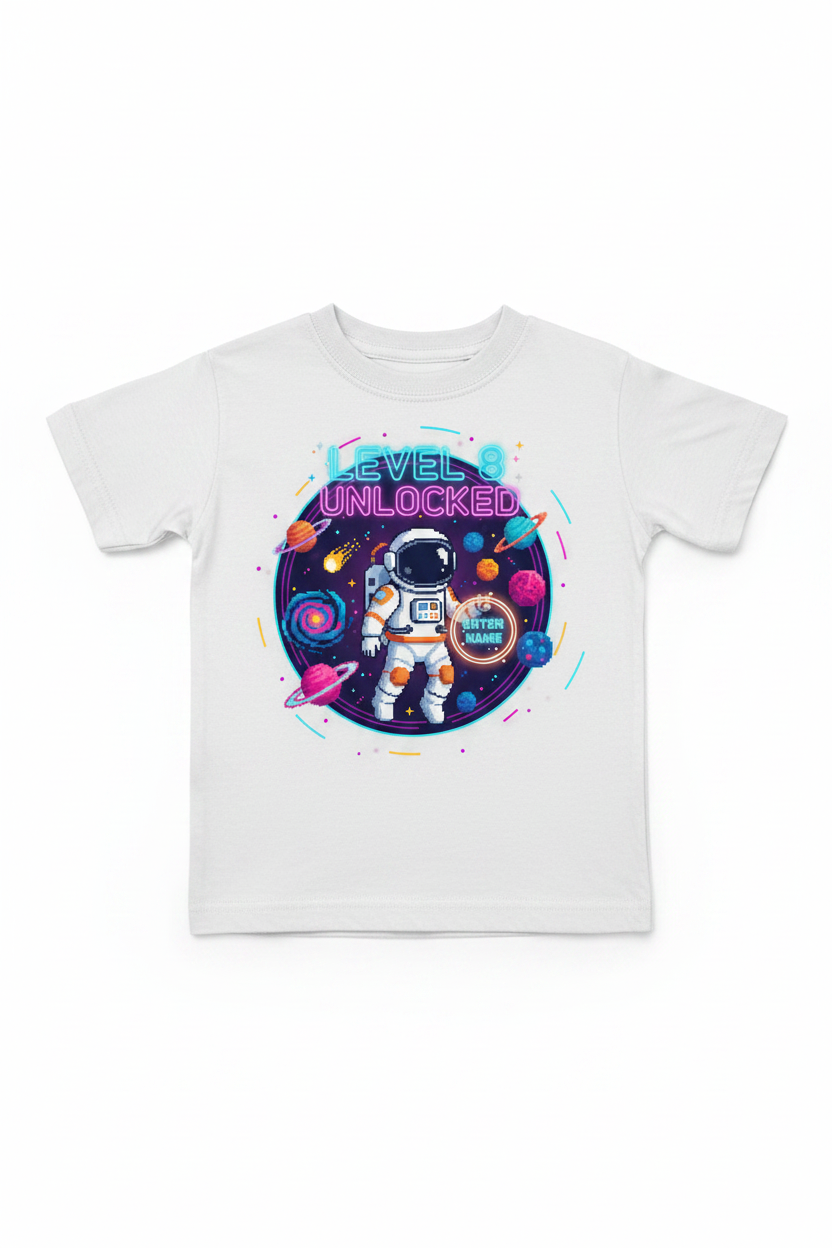 Level 8 Unlocked space galaxy birthday t-shirt - white flat lay