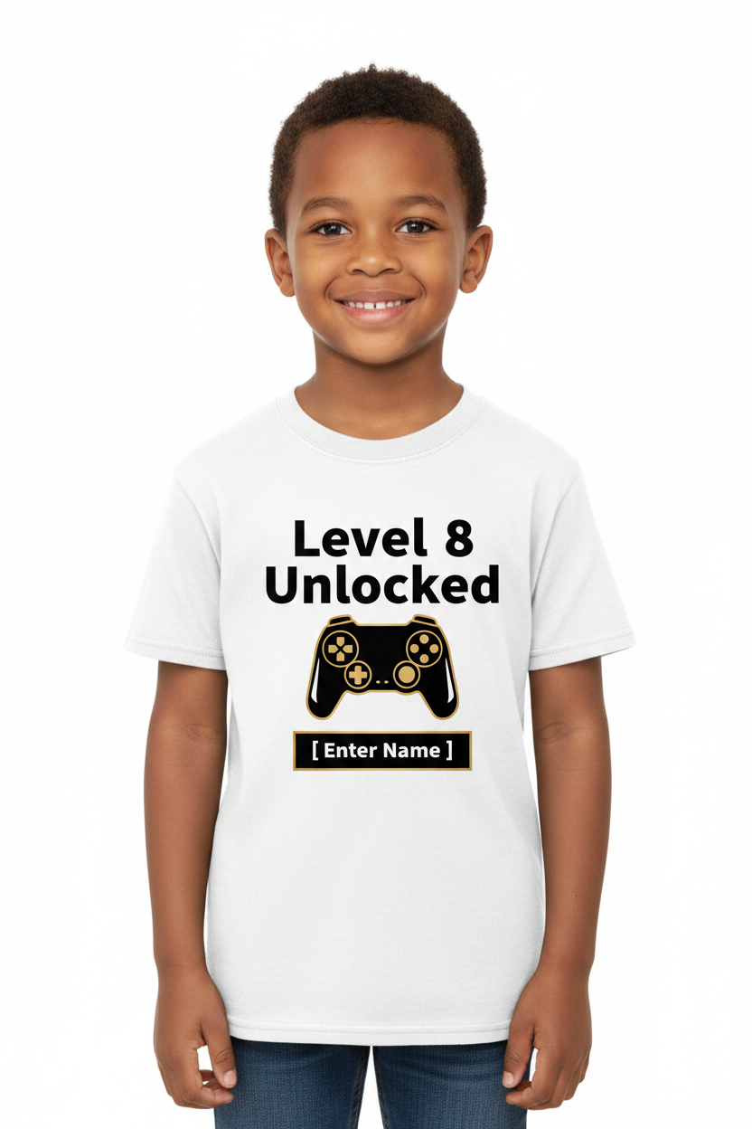 Child wearing Level 8 Unlocked minimalist birthday t-shirt in white - studio