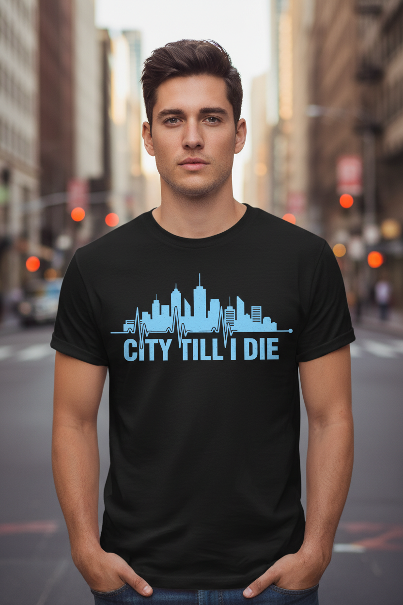 City Till I Die skyline design – black t-shirt male model urban street
