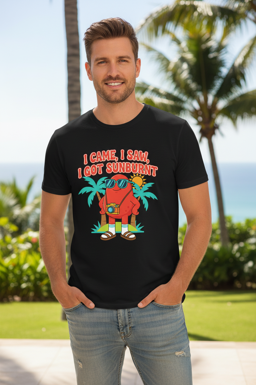 I Came I Saw I Got Sunburnt black t-shirt on male model