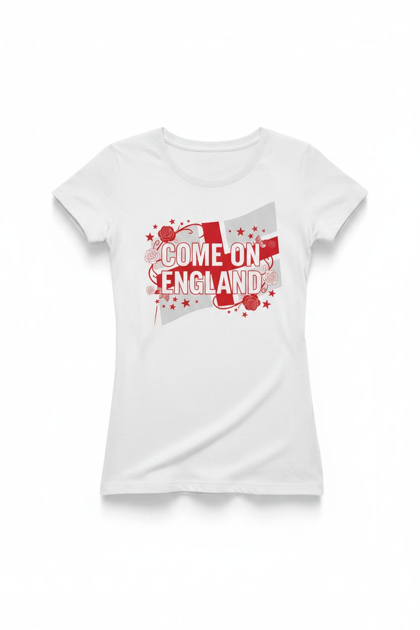 Women's Come On England white t-shirt flat lay