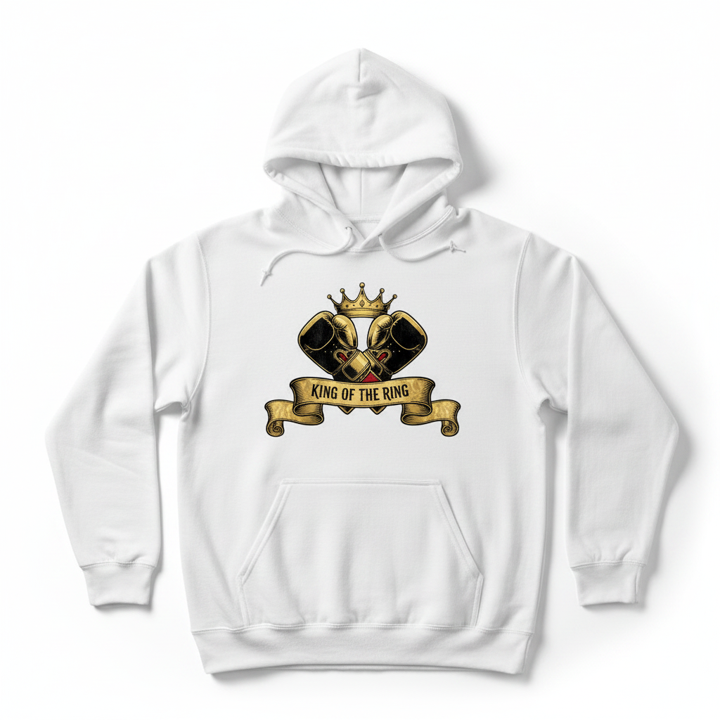 King of the Ring boxing hoodie in white, flat lay product photo
