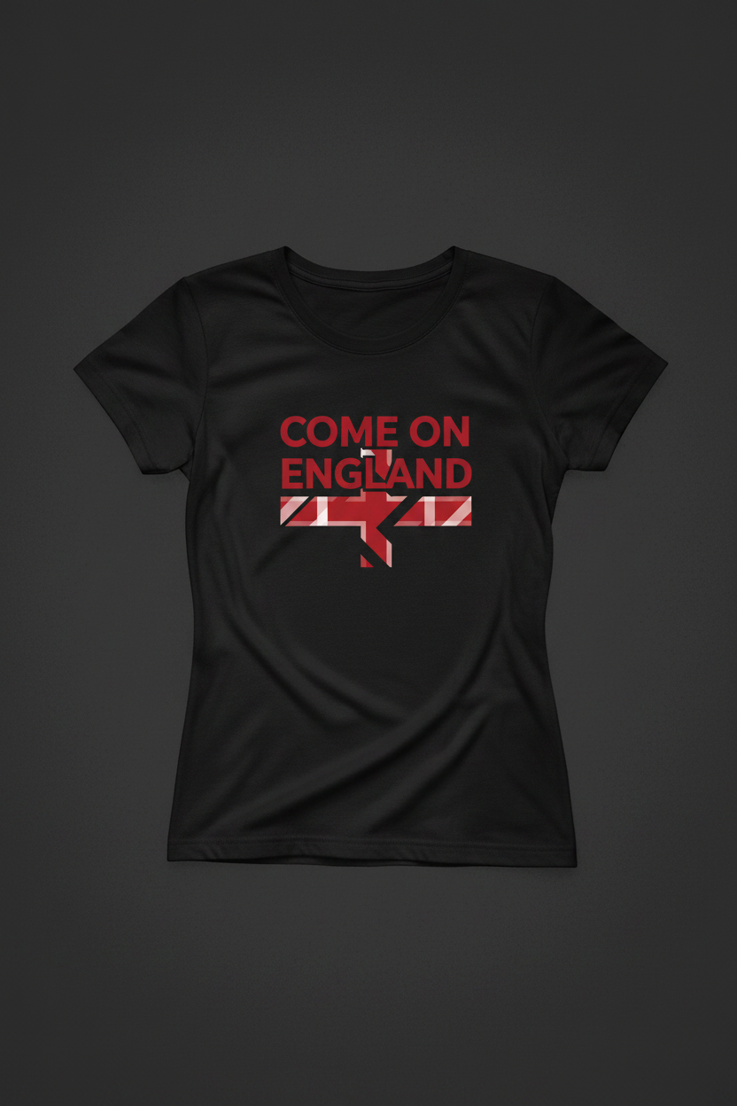 Women's Come On England minimalist black t-shirt flat lay