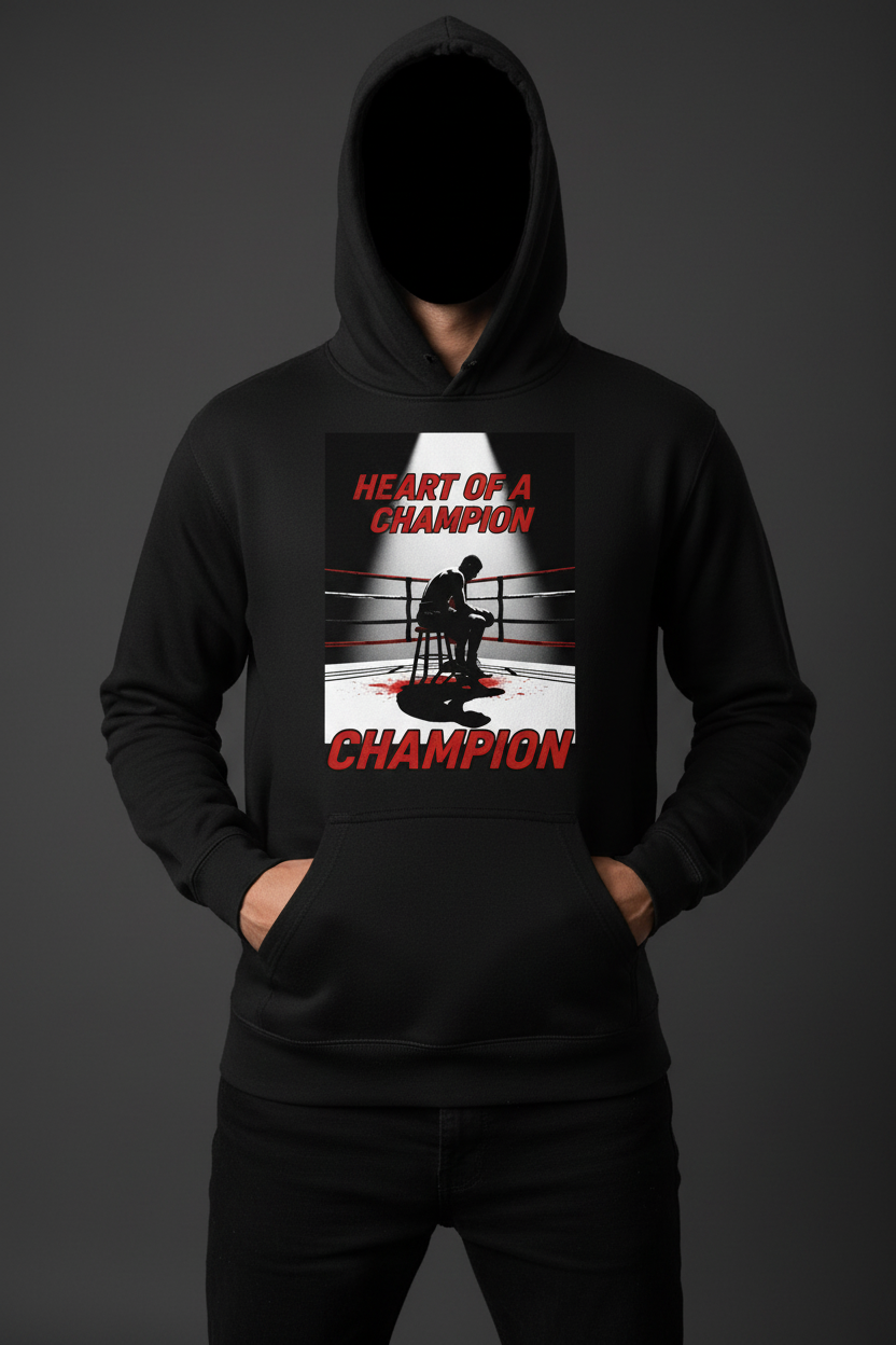 Heart of a Champion boxing hoodie in black worn by model