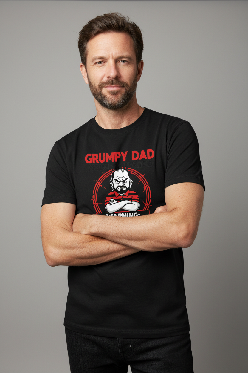 Male model wearing Grumpy Dad Mode Activated black t-shirt