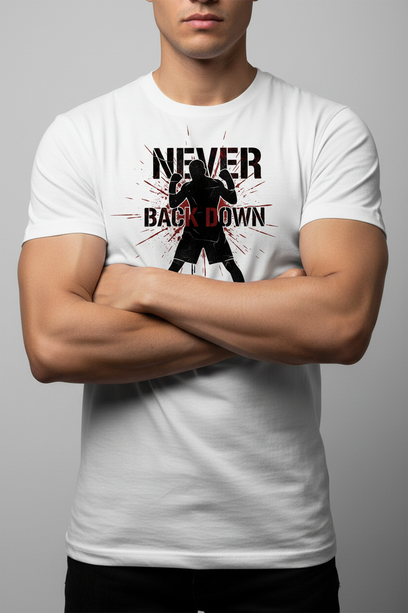Never Back Down boxing t-shirt in white worn by model, studio shot