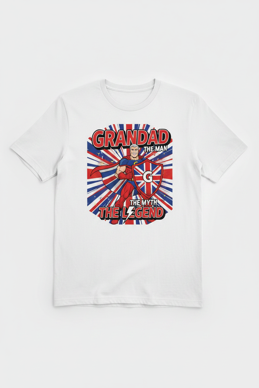 Grandad The Man The Myth The Legend white t-shirt flat lay mockup
