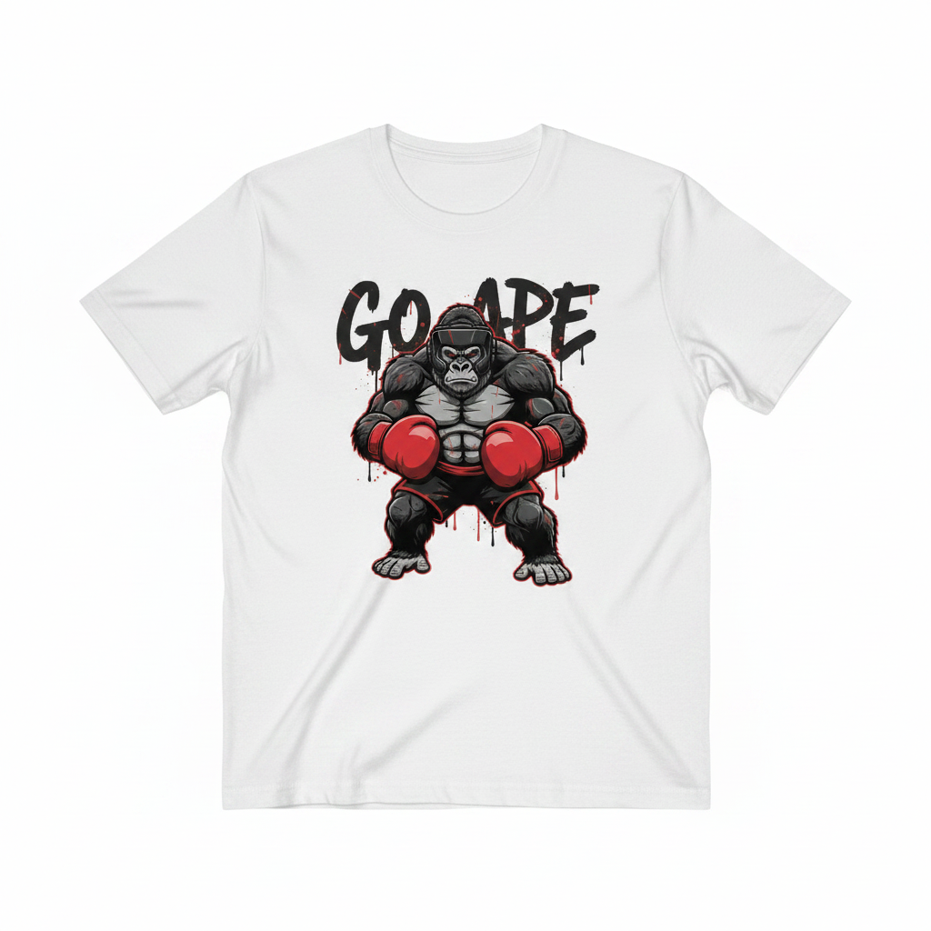 Go Ape boxing t-shirt in white, flat lay product photo