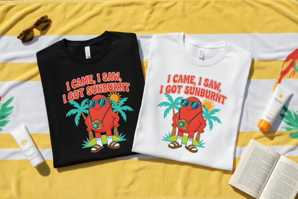 I Came I Saw I Got Sunburnt t-shirt black and white beach flat lay