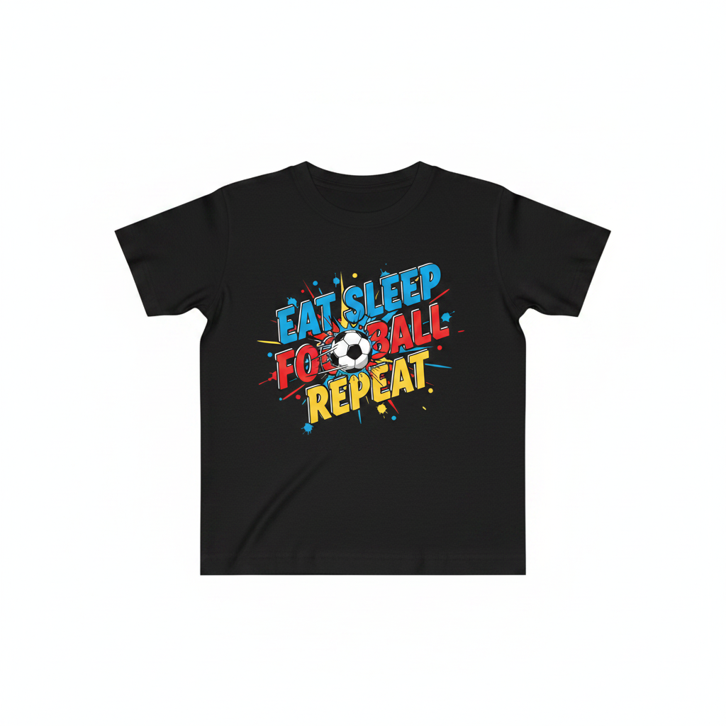 Eat Sleep Football Repeat kids black t-shirt flat lay