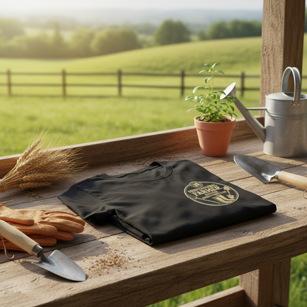 Professional Farmer Amateur Everything Else T-Shirt - Lifestyle farm workbench shot