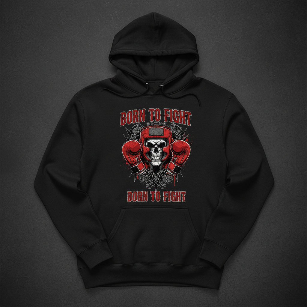 Born to Fight boxing hoodie in black, flat lay product photo
