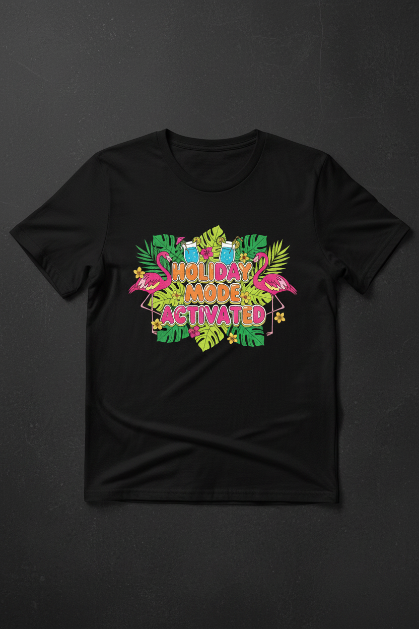 Holiday Mode Activated tropical flamingo black t-shirt flat lay