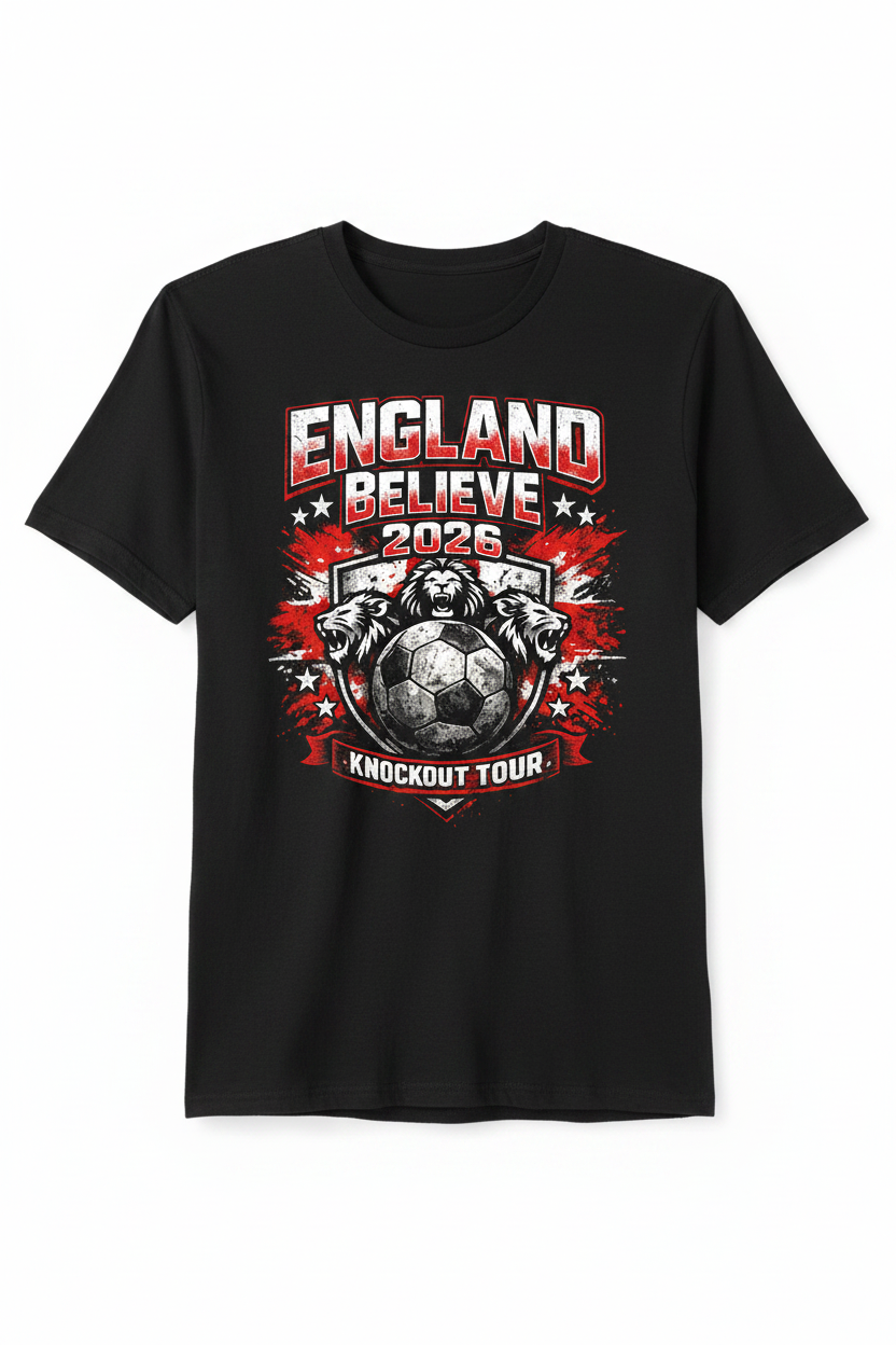 England Believe 2026 Knockout Tour – Black T-Shirt Front View