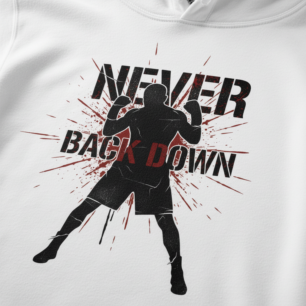 Never Back Down boxing hoodie print close up detail