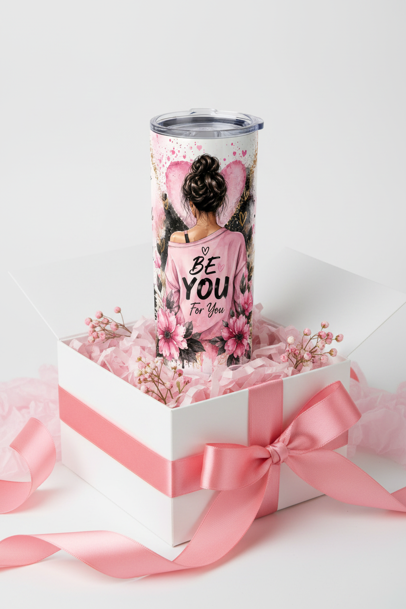 Be You For You motivational tumbler presented in gift box with pink ribbon