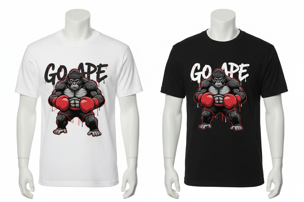Go Ape boxing t-shirt shown in both black and white colourways